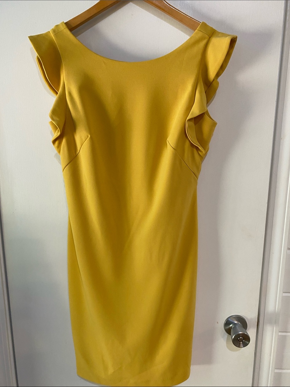 Calvin Klein Mustard Ruffle-Shoulder Midi Sheath Dress